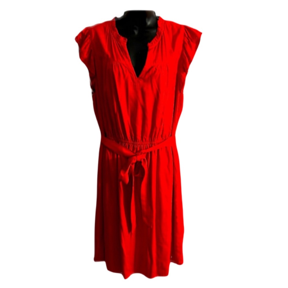 Ann Taylor XL red sleeveless midi dress w ruffles, elastic waist & belt tie